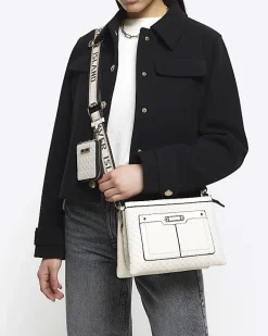 River Island embossed monogram cross body bag Cream Fashion
