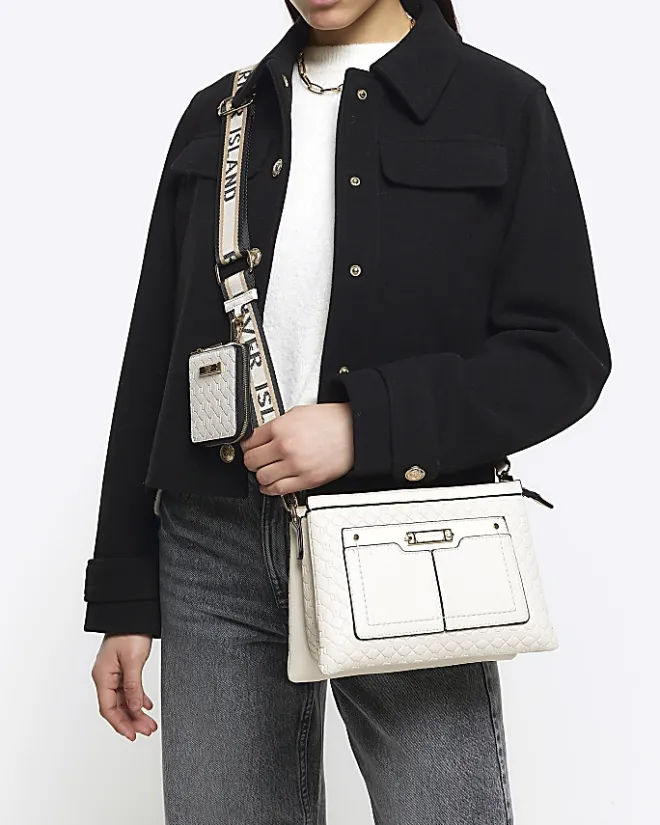 River Island embossed monogram cross body bag Cream Fashion