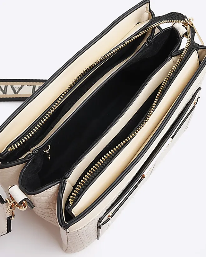 River Island embossed monogram cross body bag Cream Fashion