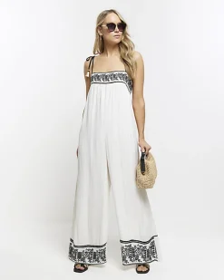 River Island embroidered bandeau jumpsuit Cream Best