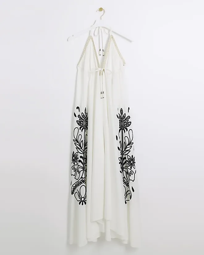 River Island embroidered plunge beach maxi dress Cream Online
