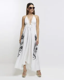 River Island embroidered plunge beach maxi dress Cream Online