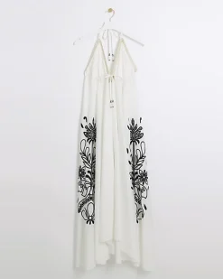 River Island embroidered plunge beach maxi dress Cream Online