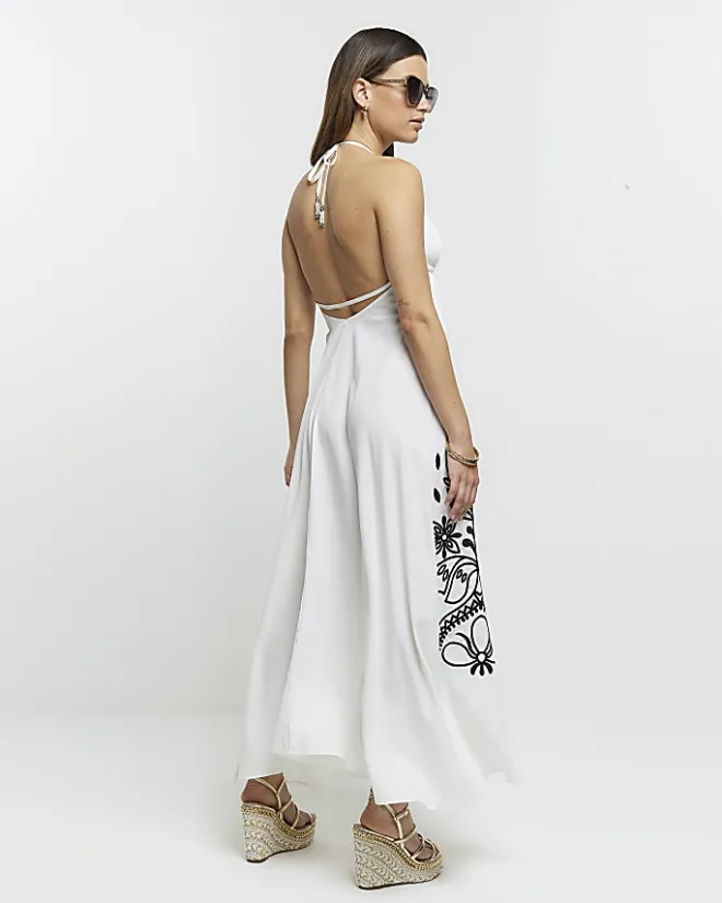 River Island embroidered plunge beach maxi dress Cream Online