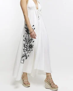 River Island embroidered plunge beach maxi dress Cream Online