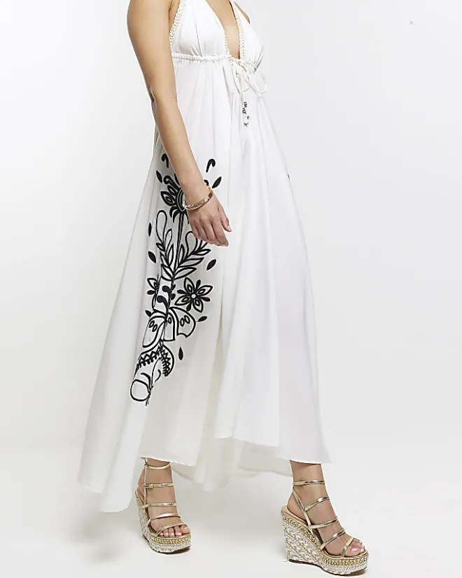 River Island embroidered plunge beach maxi dress Cream Online