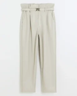 River Island faux leather paperbag trousers Cream Online