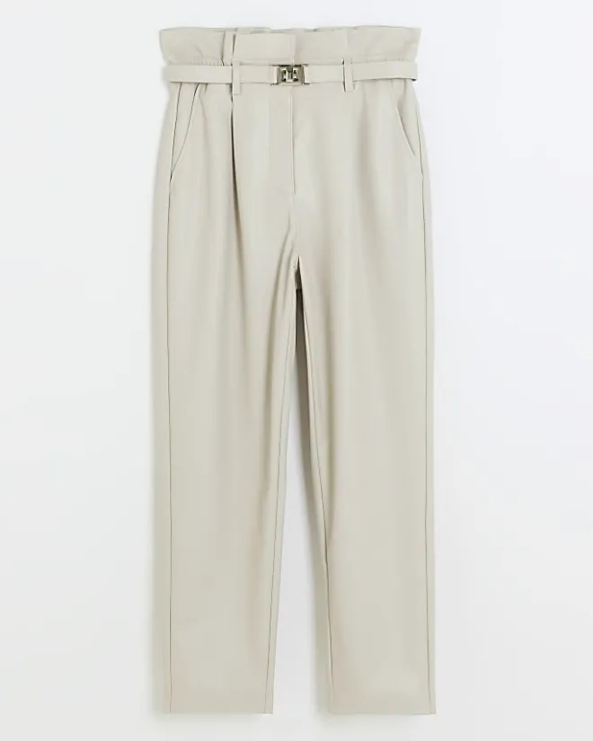 River Island faux leather paperbag trousers Cream Online
