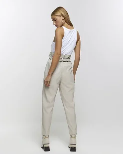 River Island faux leather paperbag trousers Cream Online
