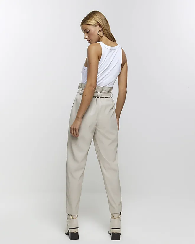 River Island faux leather paperbag trousers Cream Online