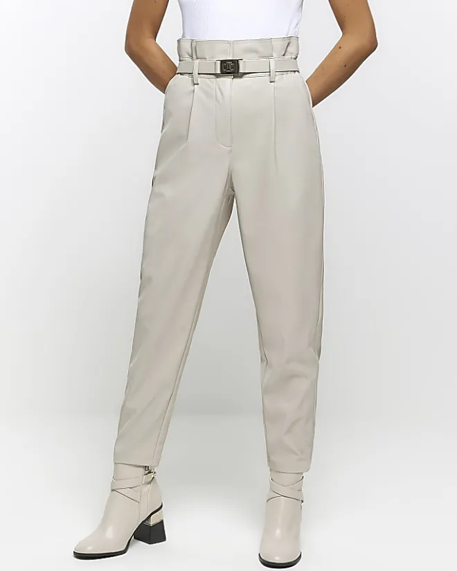 River Island faux leather paperbag trousers Cream Online