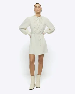River Island floral tie waist shift mini dress Cream Discount