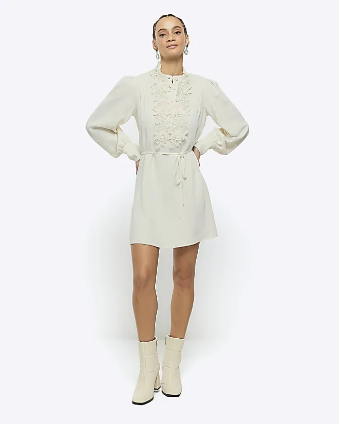 River Island floral tie waist shift mini dress Cream Discount