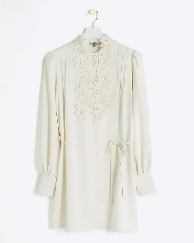 River Island floral tie waist shift mini dress Cream Discount