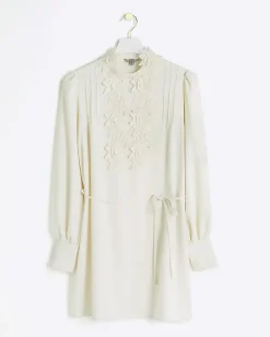 River Island floral tie waist shift mini dress Cream Discount