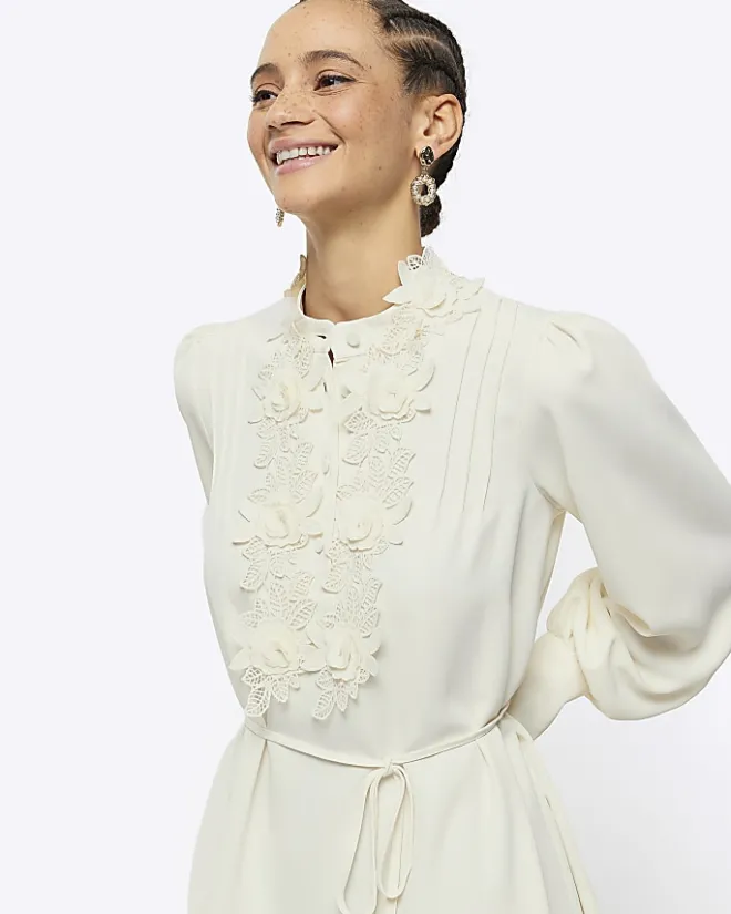 River Island floral tie waist shift mini dress Cream Discount