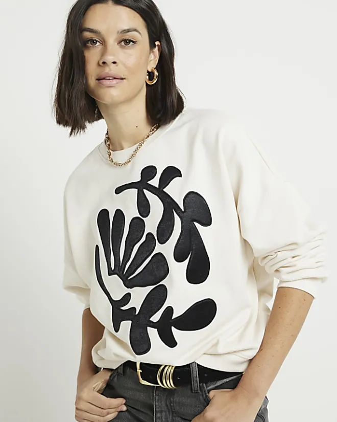 River Island flower sweatshirt Cream Clearance