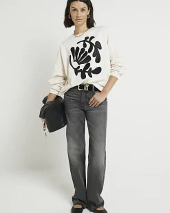 River Island flower sweatshirt Cream Clearance