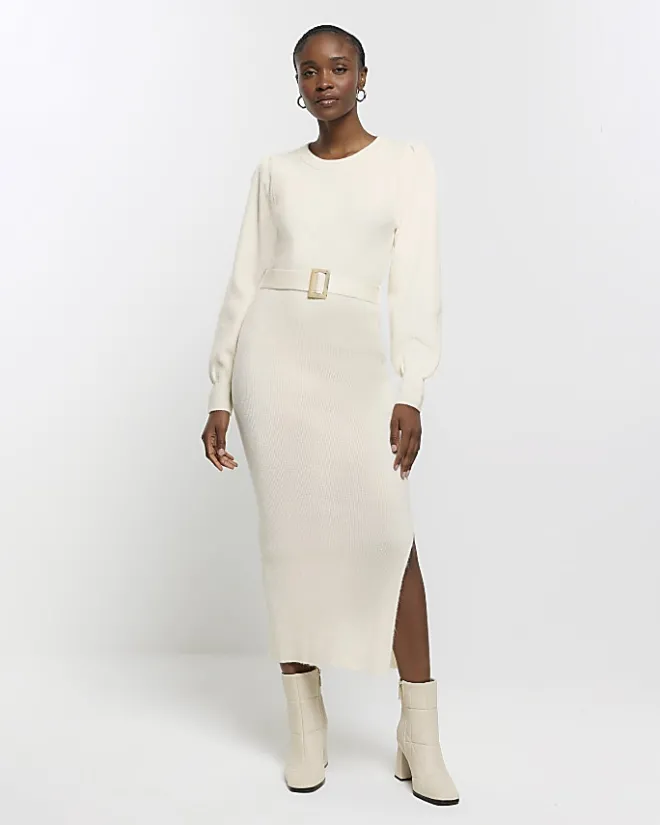 River Island knit belted jumper midi dress Cream Outlet