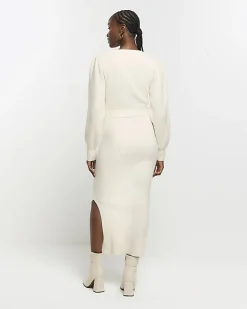 River Island knit belted jumper midi dress Cream Outlet