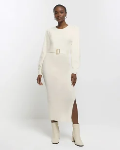 River Island knit belted jumper midi dress Cream Outlet