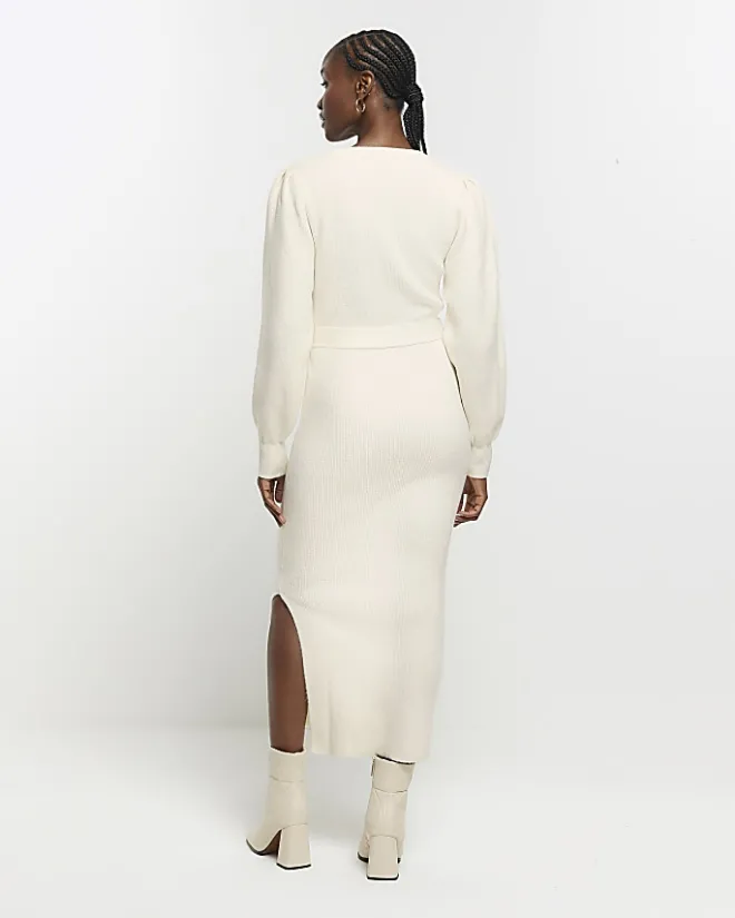 River Island knit belted jumper midi dress Cream Outlet