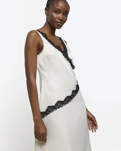River Island lace trim slip midi dress Cream Hot