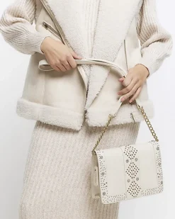 River Island leather studded cross body bag Cream Sale