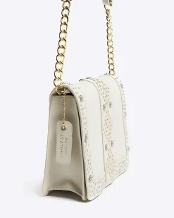 River Island leather studded cross body bag Cream Sale
