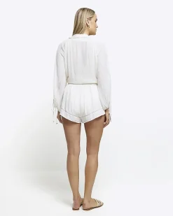 River Island metallic stripe beach shorts Cream Outlet