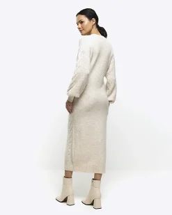 River Island plait jumper midi dress Cream Online