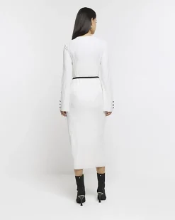 River Island plisse belted bodycon midi dress Cream Outlet