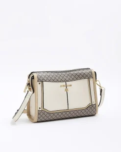 River Island RI monogram panel cross body bag Cream Sale