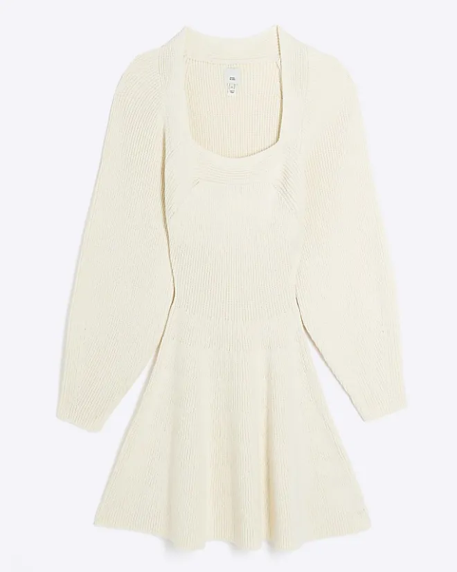 River Island square neck jumper mini dress Cream Online