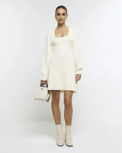 River Island square neck jumper mini dress Cream Online