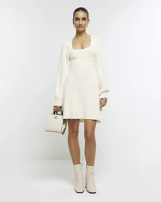 River Island square neck jumper mini dress Cream Online