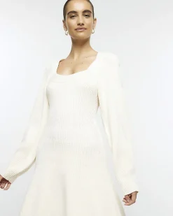 River Island square neck jumper mini dress Cream Online