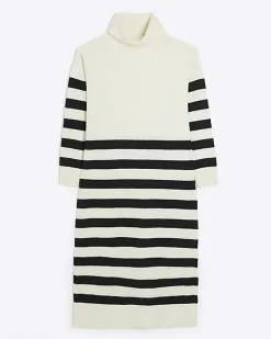 River Island stripe rolled neck jumper midi dress Cream Sale