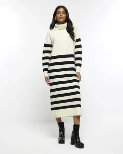 River Island stripe rolled neck jumper midi dress Cream Sale