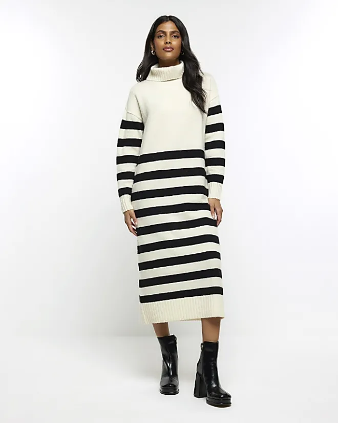 River Island stripe rolled neck jumper midi dress Cream Sale