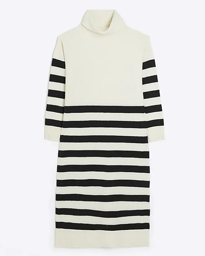 River Island stripe rolled neck jumper midi dress Cream Sale