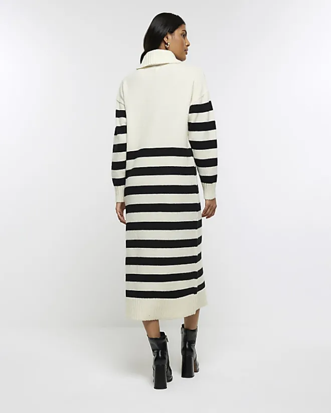 River Island stripe rolled neck jumper midi dress Cream Sale