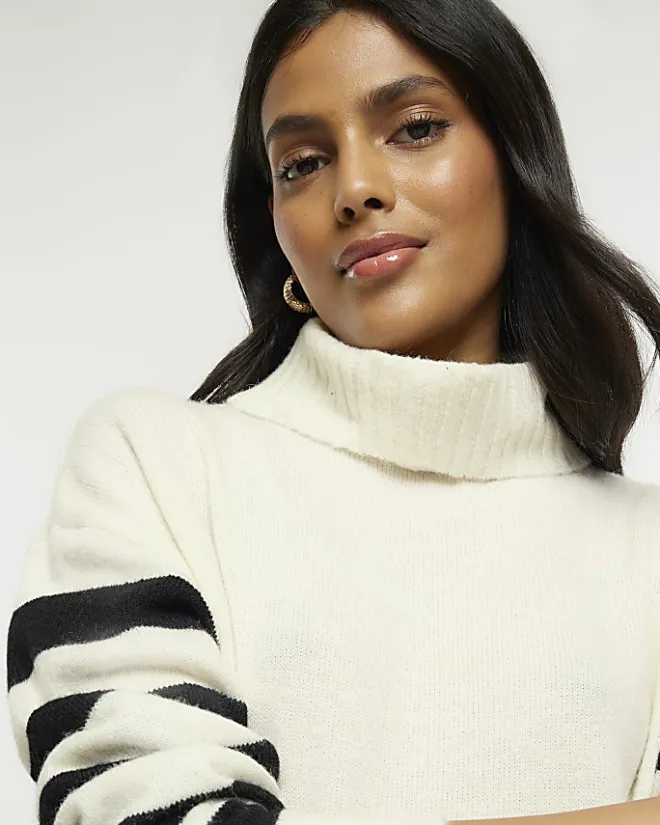 River Island stripe rolled neck jumper midi dress Cream Sale