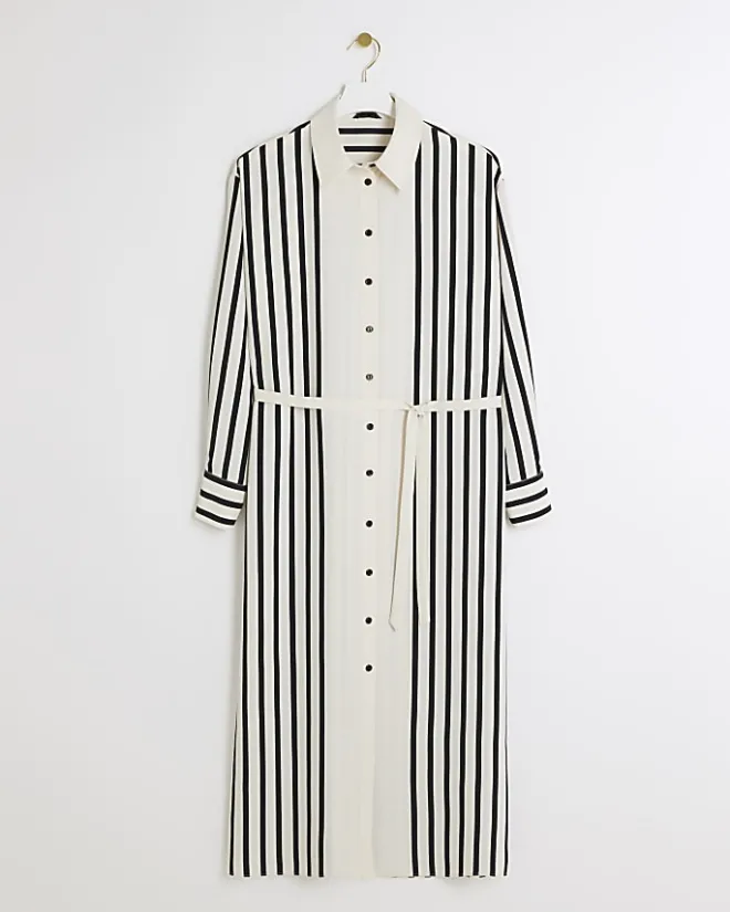 River Island stripe tie waist midi shirt dress Cream Discount