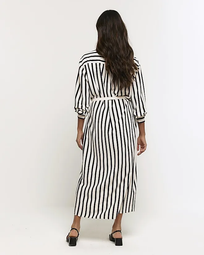 River Island stripe tie waist midi shirt dress Cream Discount