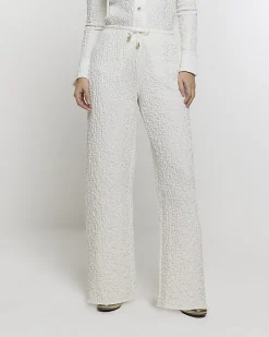 River Island textured wide leg trousers Cream Outlet