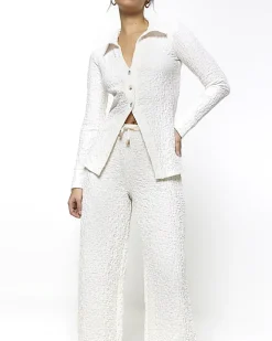 River Island textured wide leg trousers Cream Outlet