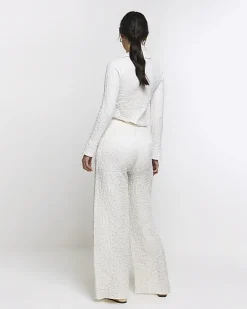 River Island textured wide leg trousers Cream Outlet