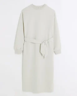 River Island tie jersey sweatshirt midi dress Cream Clearance