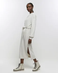 River Island tie jersey sweatshirt midi dress Cream Clearance